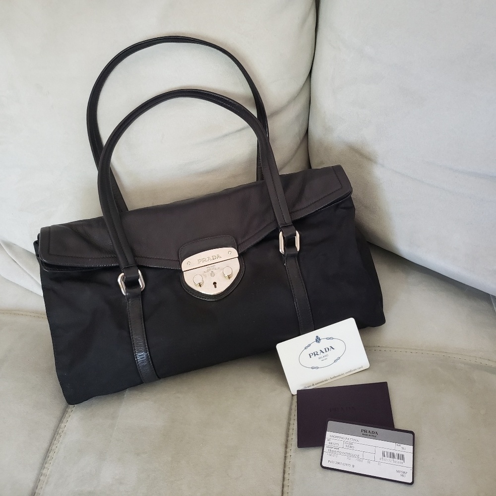 Prada Tessuto Vitello Nylon Leather Shoulder Bag